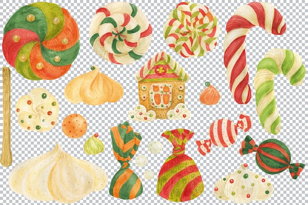 Conjunto de dulces navideños caseros. elementos gráficos de acuarela, ilustración en capas