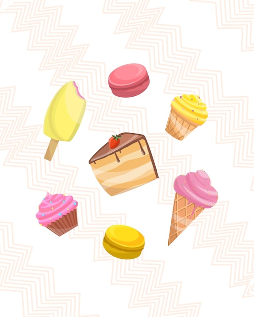 PSD conjunto de dulces con un pastel de helado muffins y macarrones en un fondo de zig zag