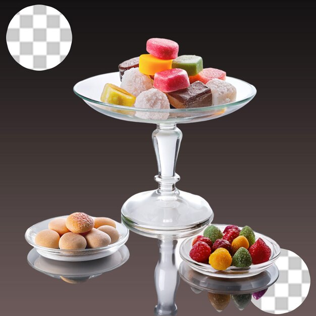 Conjunto de dulces en platos sobre un fondo transparente