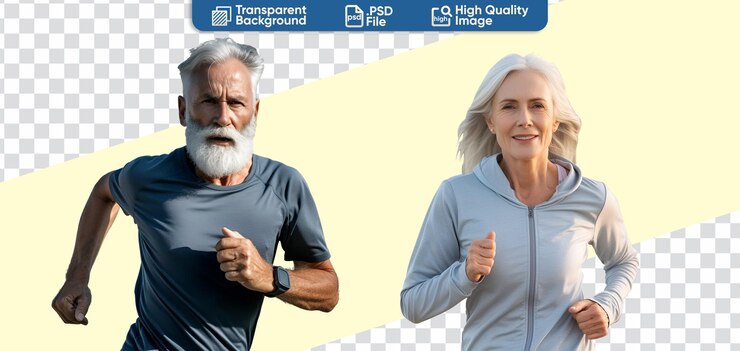 PSD conjunto de duos de ancianos felices corriendo y persiguiendo un estilo de vida saludable para la longevidad madura.