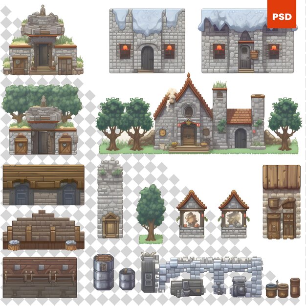 Conjunto de edificios medievales en estilo de dibujos animados Ilustración vectorial para diseño de juegos