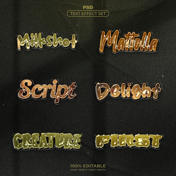 PSD el conjunto de efectos de texto milkshot mattolla guión delight creature first