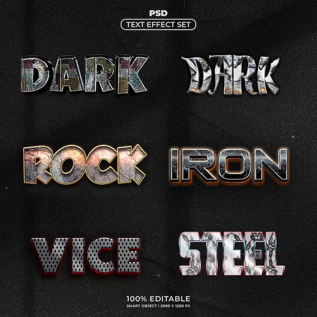 El conjunto de efectos de texto PSD Dark Rock Iron Vice and Steel
