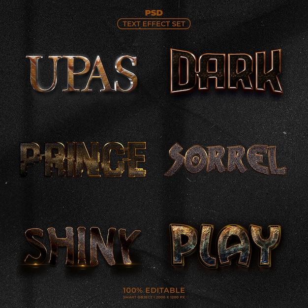 Conjunto de efectos de texto PSD con estilos metálicos y brillantes