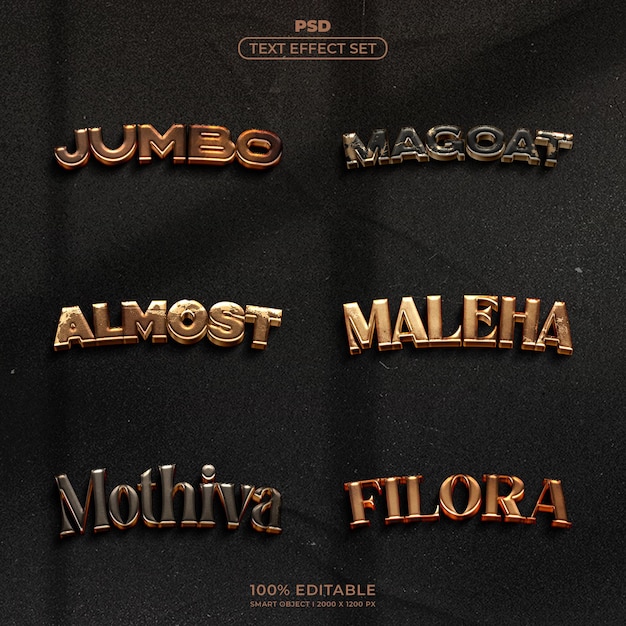 Conjunto de efectos de texto PSD Estilos de texto 3D metálico