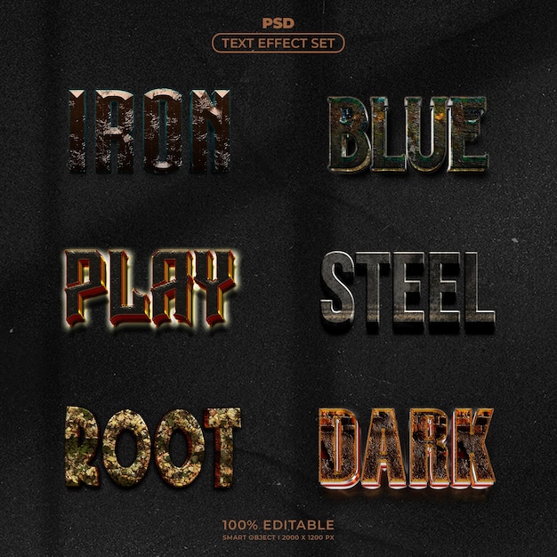 El conjunto de efectos de texto PSD Iron Blue Play Steel Root Dark