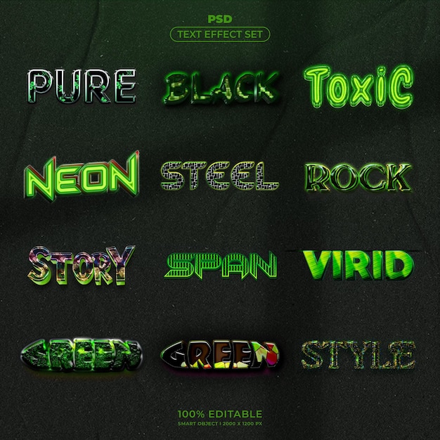 Conjunto de efectos de texto verde neón y estilos PSD 3D