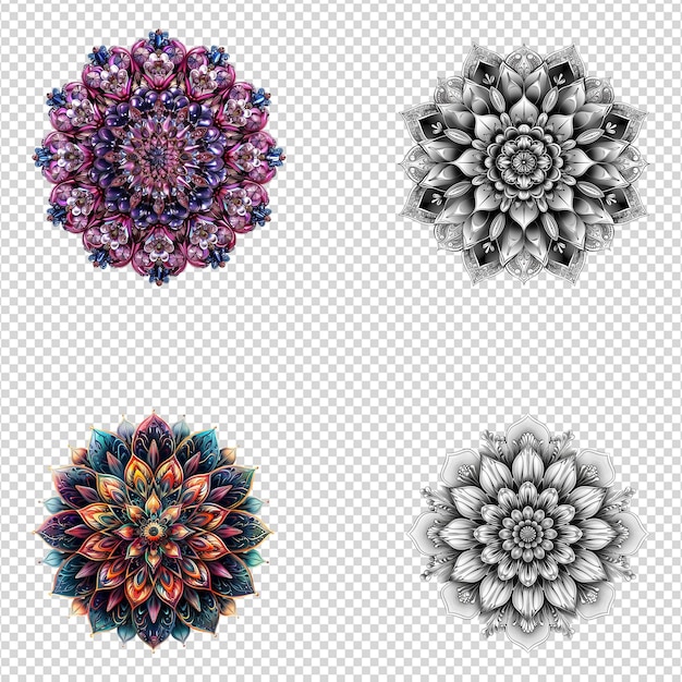 PSD un conjunto de elementos de diseño fractal de mandala con patrón floral aislado en un fondo transparente png