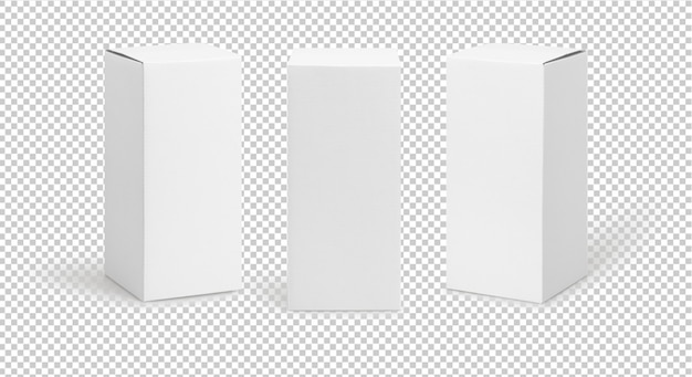 PSD conjunto de embalaje de producto de caja blanca de forma alta en vista lateral y maqueta de vista frontal