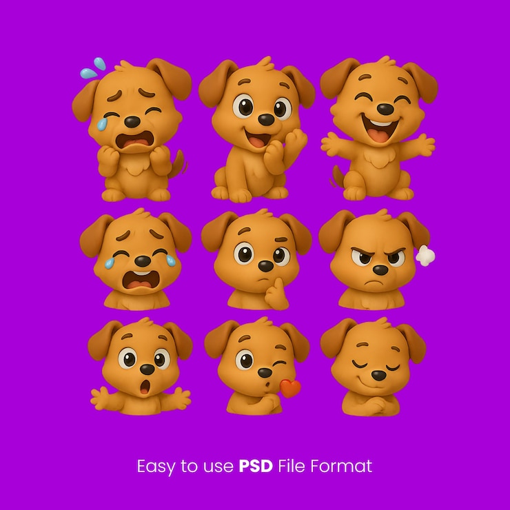 PSD conjunto de emojis de cachorros de dibujos animados con varias expresiones