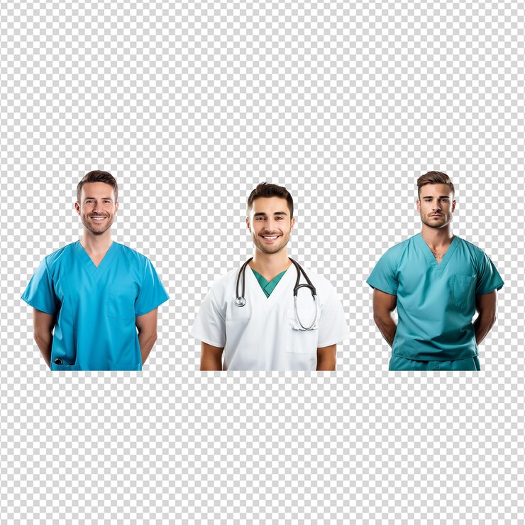 PSD un conjunto de enfermeras y médicos cruzaron los brazos aislados en un fondo transparente