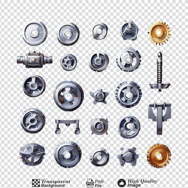 PSD conjunto de engranajes aislados sobre un fondo transparente