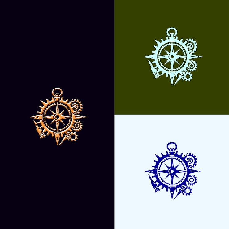 PSD un conjunto de engranajes de diferentes colores y un barco con un fondo verde