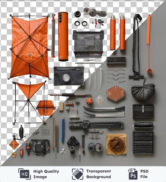 PSD conjunto de equipo de fabricación y vuelo de cometas exhibido en una pared gris y blanca con una cámara plateada de paraguas naranja y una pistola negra
