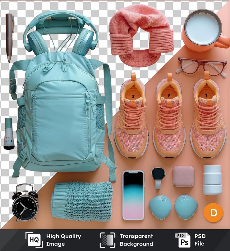 PSD conjunto de equipo de fitness transparente con una bolsa azul gafas negras zapatos rosados y reloj plateado y negro