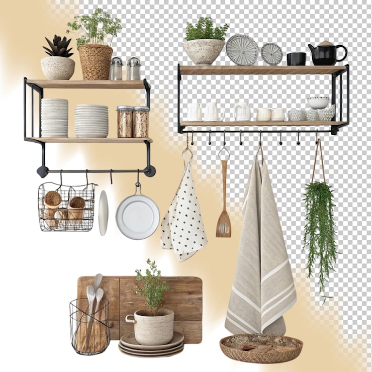PSD un conjunto de estantes abiertos de estilo blanco con varios platos blancos de cerámica platos de madera ecológicos cocina de pared de textura blanca sin residuos