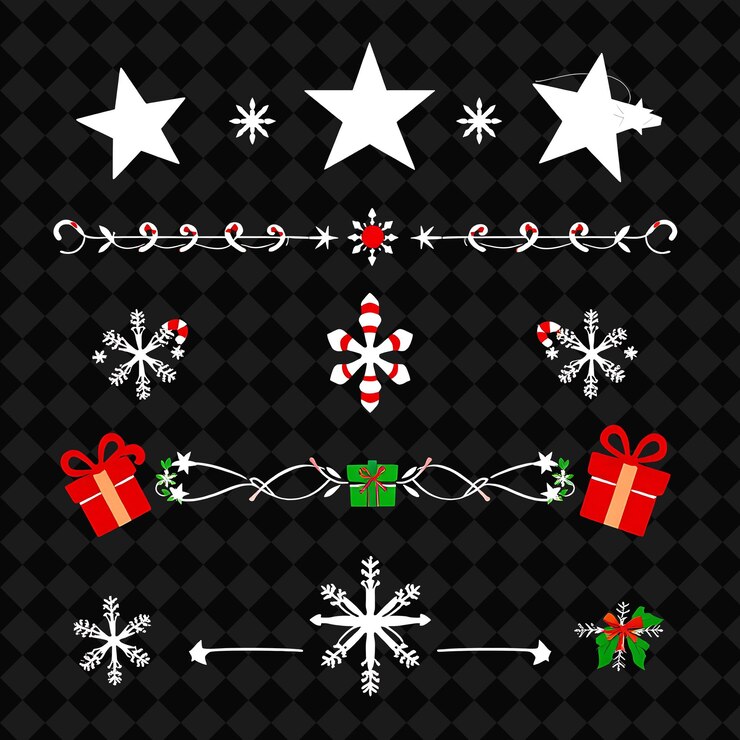 PSD conjunto de estrellas canes de caramelo copos de nieve y pequeños regalos vibrante rojo blanco y verde paleta moderna