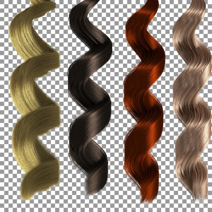 PSD conjunto de extensiones de cabello rizado en diferentes colores sobre fondo transparente