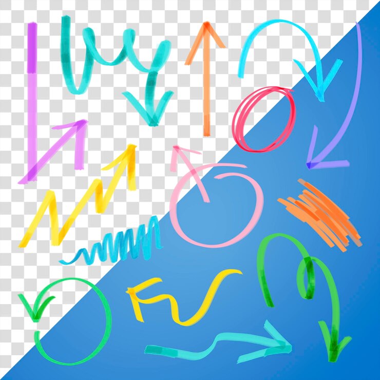 PSD conjunto de flechas de resaltado de colores png doodle