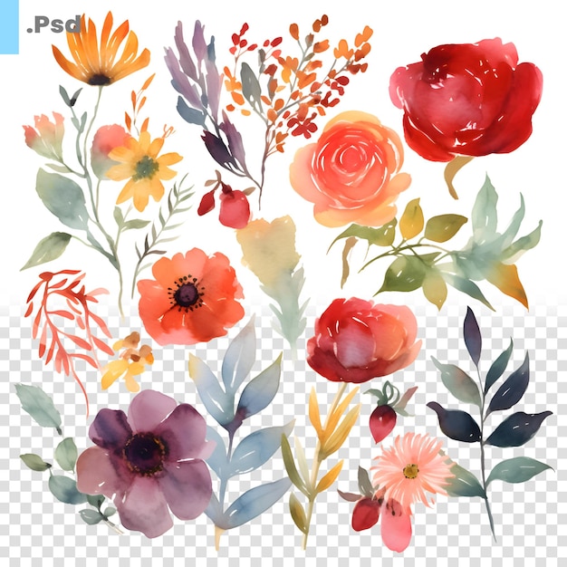 PSD conjunto floral de acuarela flores y hojas pintadas a mano plantilla psd de ilustración vectorial