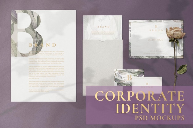 Conjunto floral de identidade corporativa e papelaria com marca psd