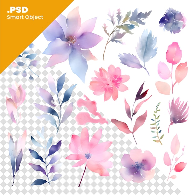 PSD conjunto de flores de acuarela. elementos florales pintados a mano. ilustración vectorial. plantilla psd