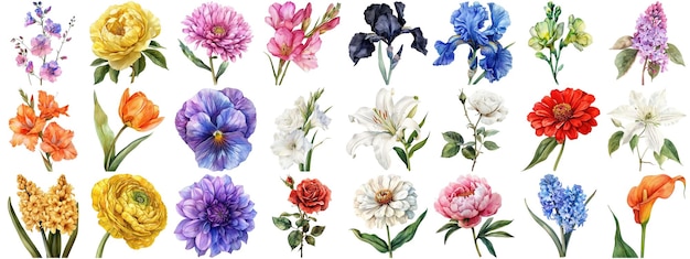 Conjunto de flores de acuarela fondo aislado varias colecciones florales bordes nítidos