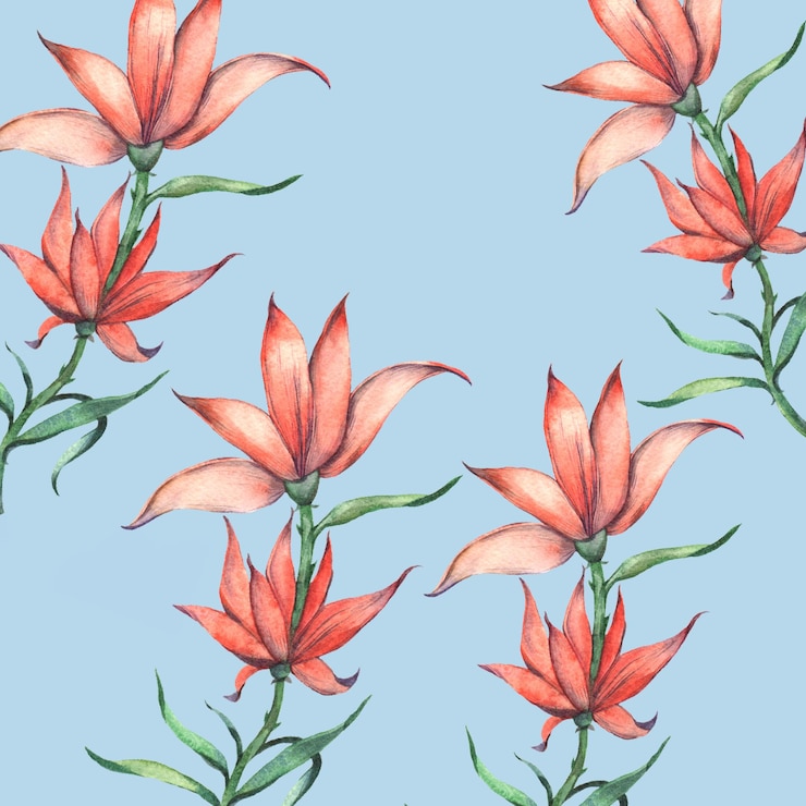 PSD un conjunto de flores flores de acuarela en tonos suaves dispuestas sin costuras sobre un fondo azul