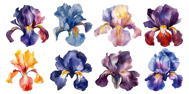 PSD conjunto de flores de iris acuarela floral