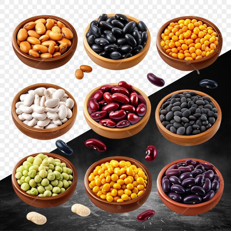 PSD un conjunto de frijoles y frijoles de diferentes colores en un cuenco de madera