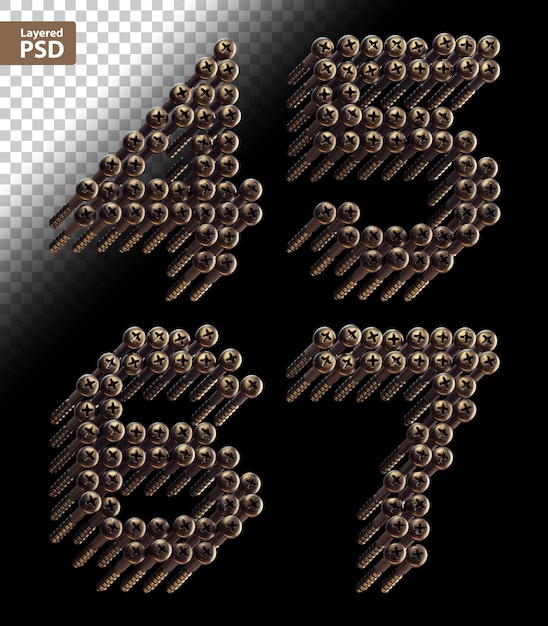 PSD conjunto de fuentes 3d renderizado hecho de muchos tornillos vintage de bronce