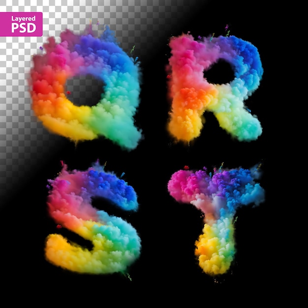 PSD conjunto de fuentes rasterizadas con letras hechas de colores arco iris polvo de humo