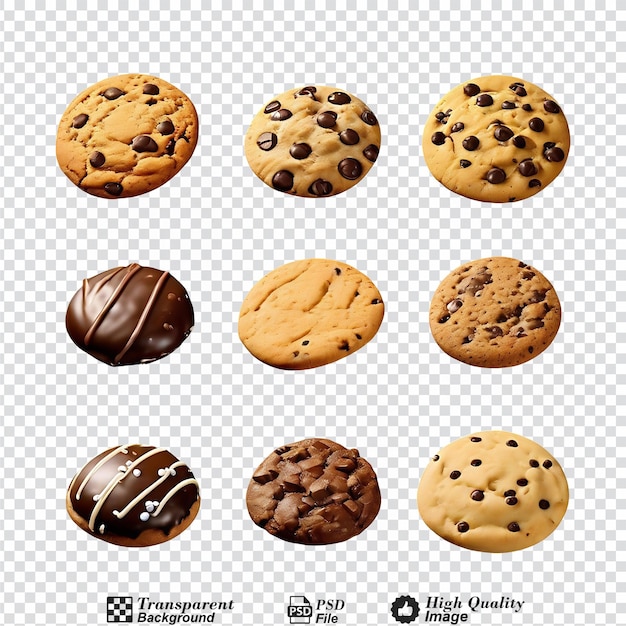 PSD conjunto de galletas de chispas de chocolate aisladas en un fondo transparente