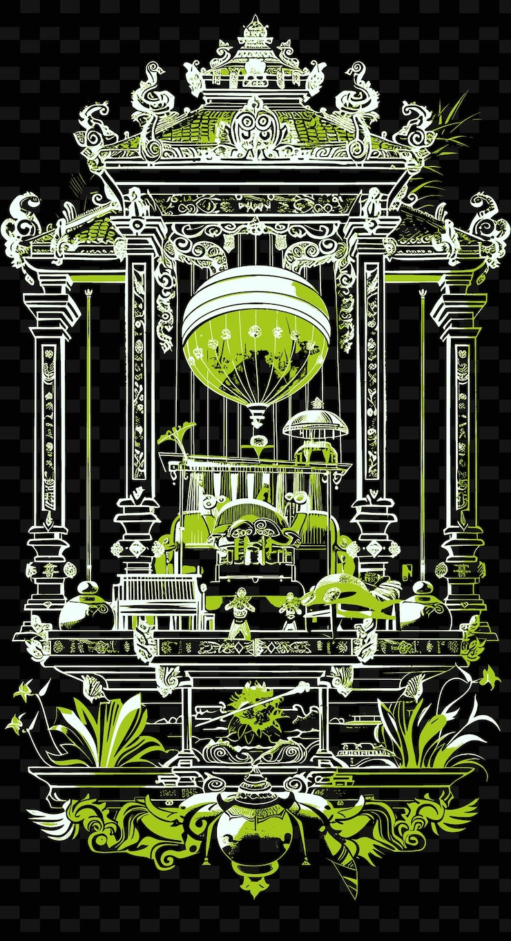 PSD conjunto de gamelan en un templo balinés con intrincada talla de ilustración vectorial idea de cartel de música