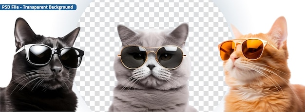 PSD conjunto de gato lindo con gafas de sol negro naranja y gris felinos adorables y encantadores