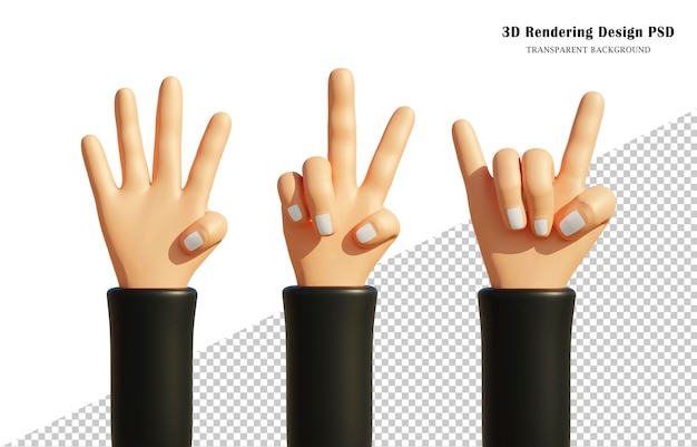 Conjunto de gestos de mano, victoria, rock on, cuatro dedos. Signo de dedo con representación 3d de vestido negro