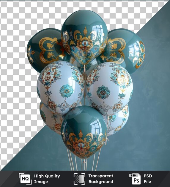 Conjunto de globos temáticos de eid transparente de alta calidad para la celebración del ramadán con globos azules y blancos una flor azul y una pared azul