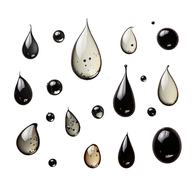 PSD conjunto de gotas de aceite negras y marrones aisladas sobre un fondo transparente