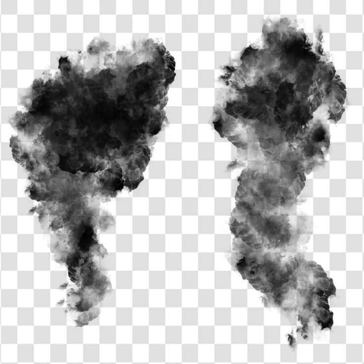 Conjunto de gruesas nubes de humo oscuro que se elevan hacia arriba para efectos dramáticos en un fondo transparente