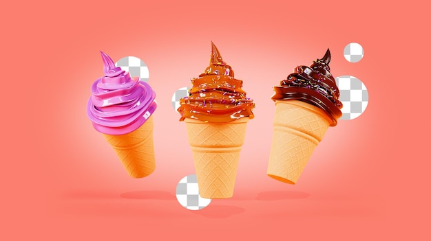 PSD conjunto de helado helado en un cono de galleta con caramelo de chocolate y crema rosa 3d render