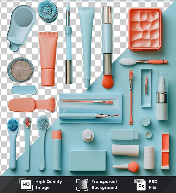 PSD un conjunto de herramientas de cuidado de la piel y facial de lujo de alta calidad y transparente exhibido en una mesa azul con un cepillo de dientes blanco y azul, un cepillo naranja y un bolígrafo azul.