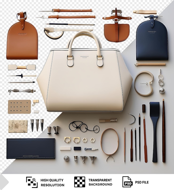 PSD conjunto de herramientas de diseño de bolso de mano de lujo personalizado de psd mostrado en un fondo transparente con una billetera de cuero marrón pluma negra y gafas negras