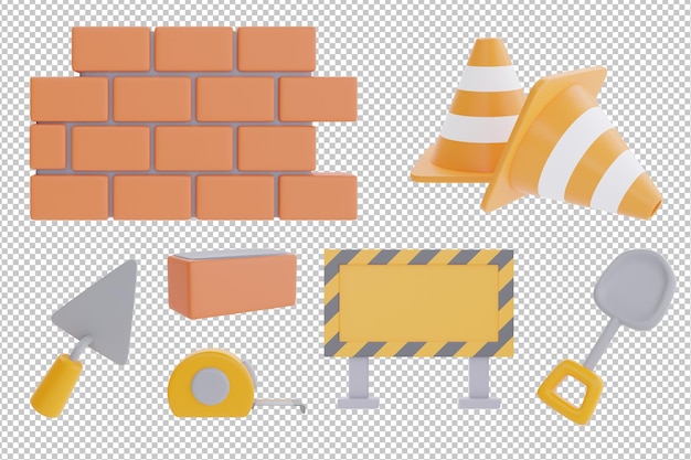 PSD conjunto de herramientas y equipos de construcción pared de ladrillo en construcción signo cono de tráfico día laboral representación 3d
