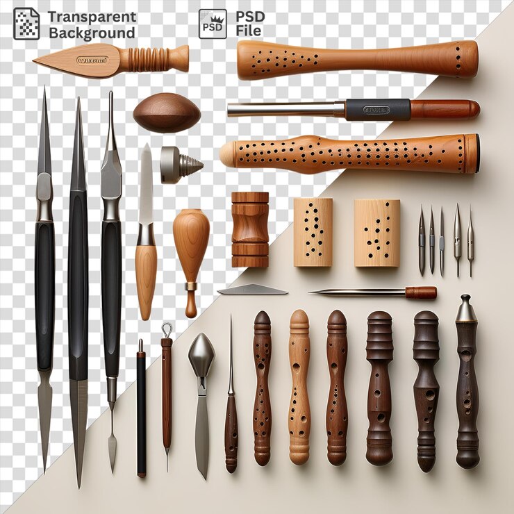 PSD conjunto de herramientas de tallado en madera exhibido sobre un fondo transparente que incluye un cuchillo plateado de madera y cuchillo marrón cuchillo de plata y metal y cuchillos de madera y marrón