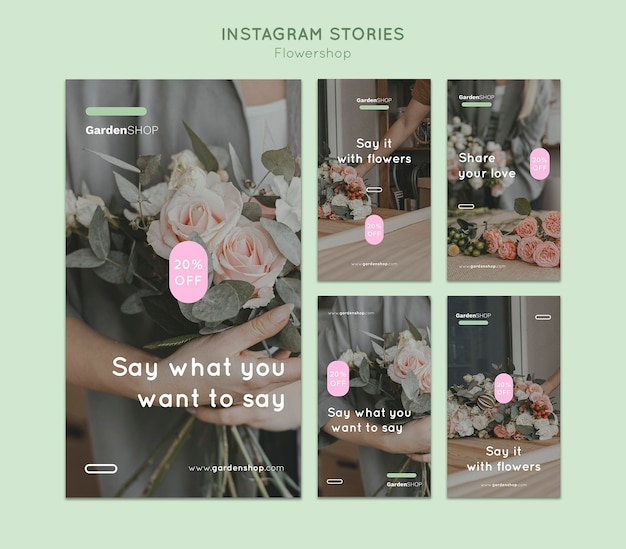 PSD conjunto de historias de instagram de floristería