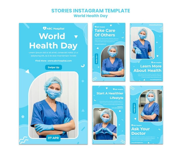 Conjunto de historias de redes sociales del día mundial de la salud.