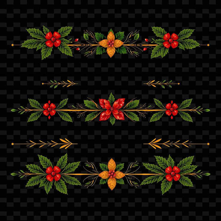 PSD conjunto de hojas de acebo, estrellas, piñones y adornos, rojos cálidos, verdes y dorados, vacaciones tradicionales.