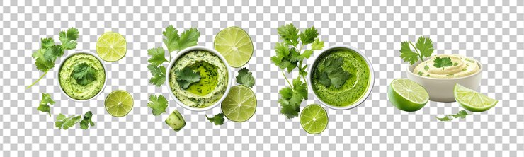 PSD conjunto de hummus con cilantro fresco y jugo de lima para una patada picante aislado en fondo transparente