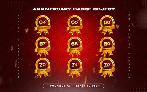 Conjunto de íconos 3D de aniversario con insignia dorada