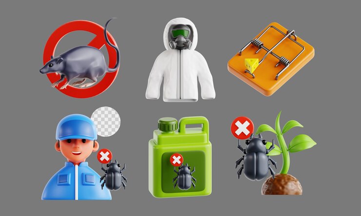 PSD conjunto de iconos 3d de control de plagas que incluyen plagas de plantas trampas para ratas y más